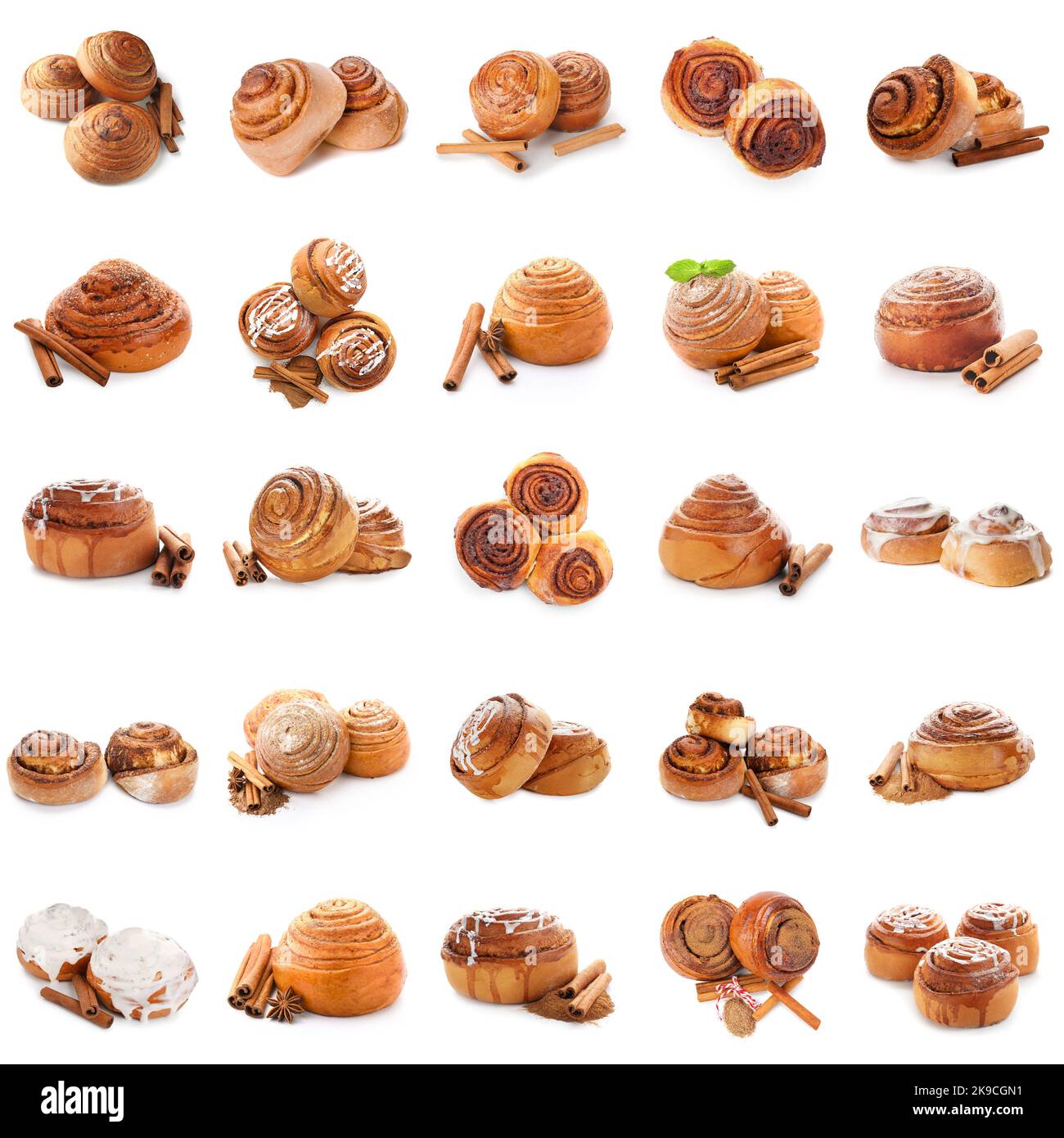 Set of many sweet cinnamon buns isolated on white Stock Photo - Alamy