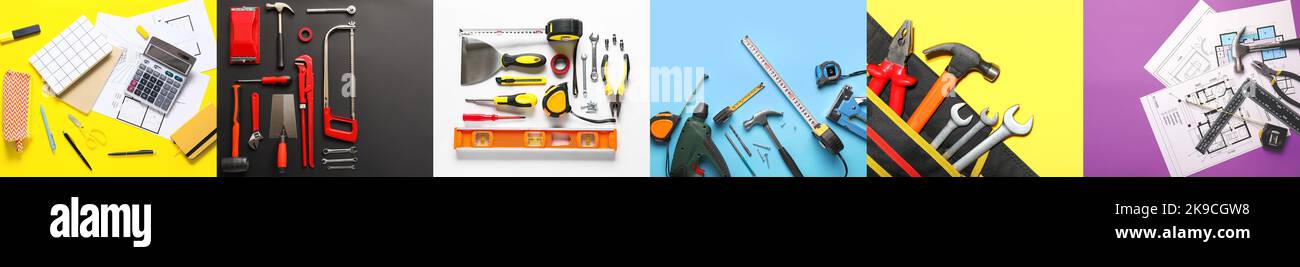 Collage with different construction tools on color background, top view Stock Photo