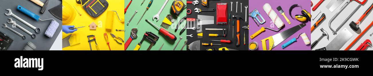 Collage with many different construction tools on color background, top view Stock Photo