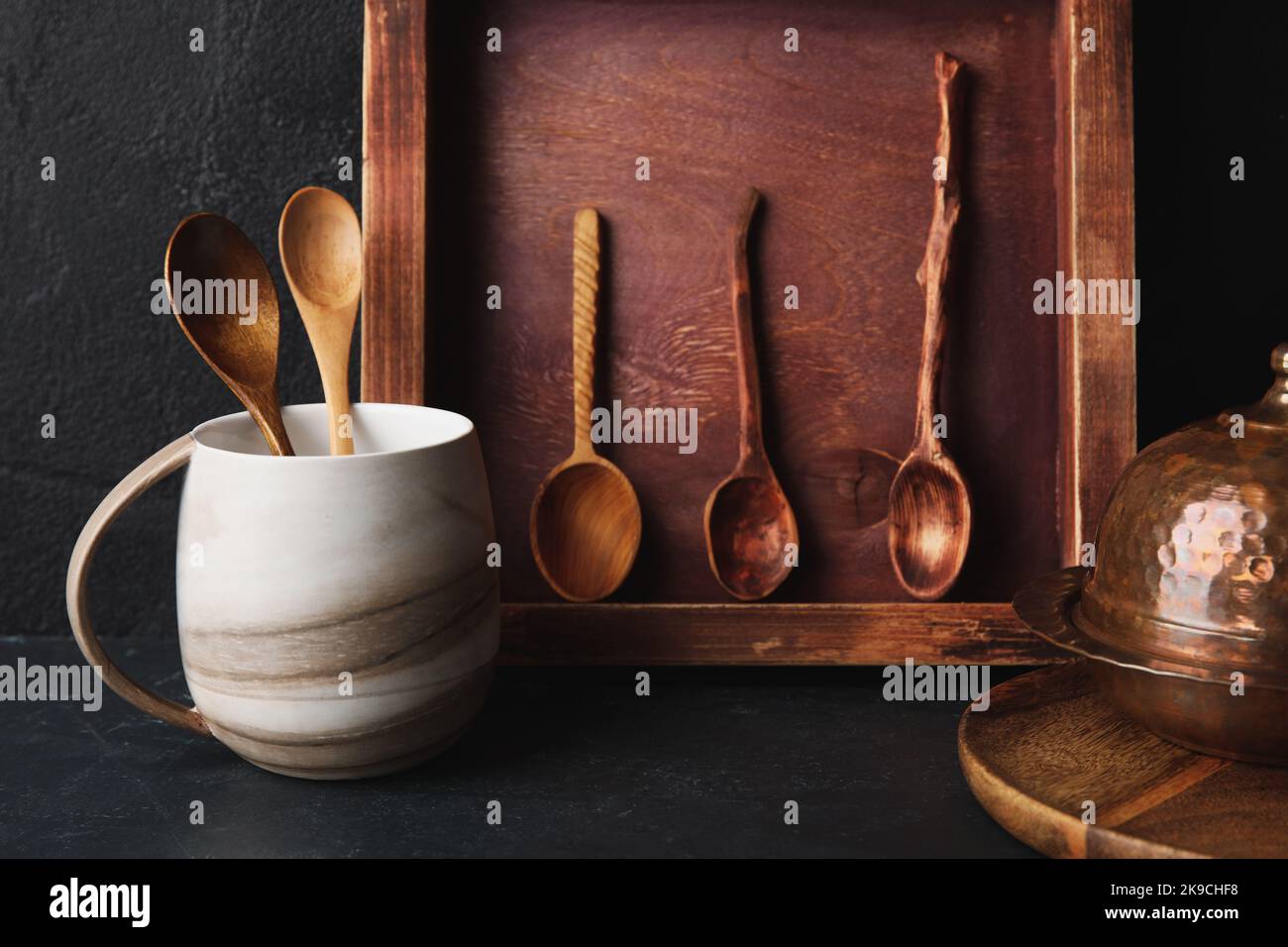 Different Kitchen Utensils On Black Background Stock Photo - Alamy