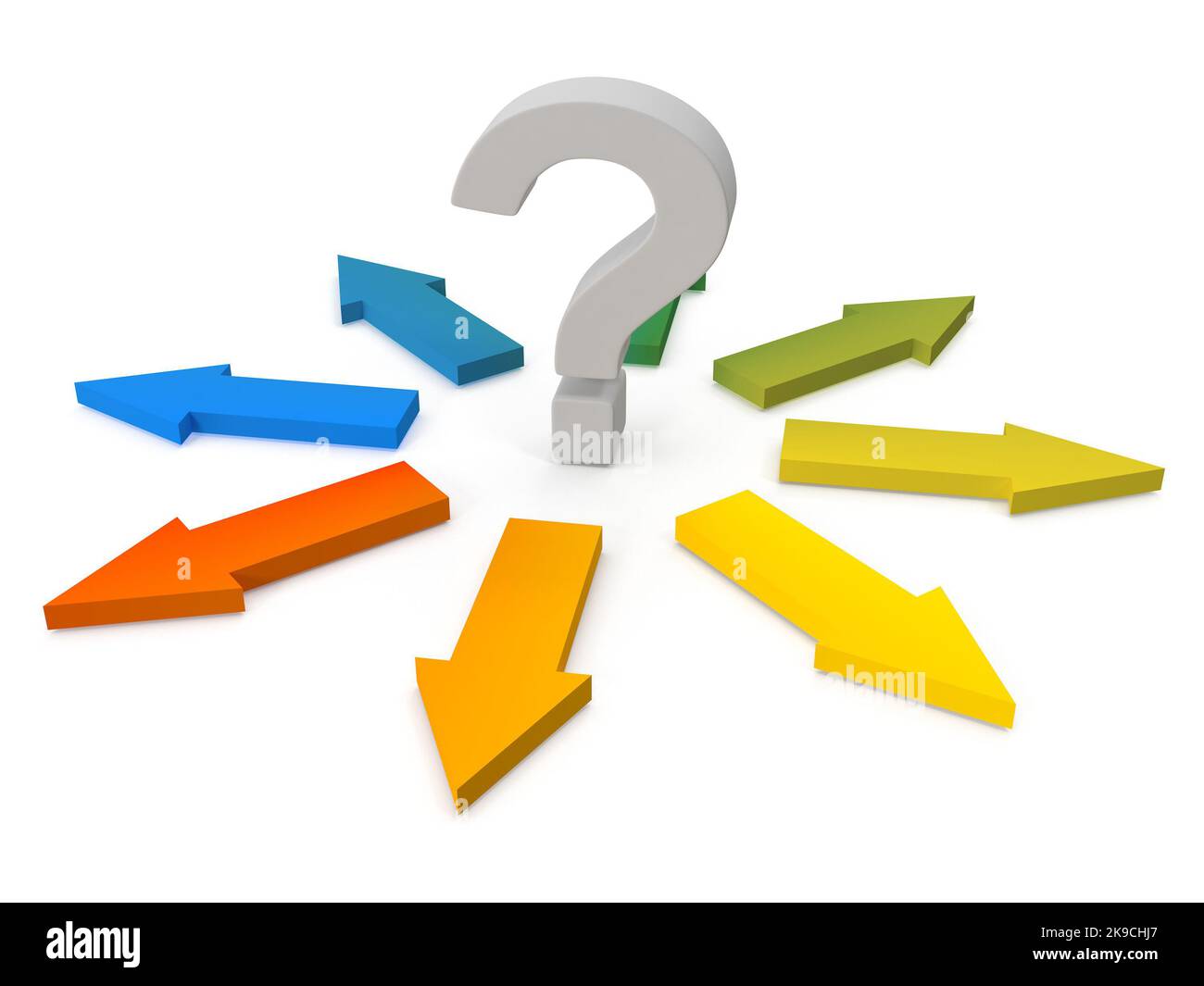 Question Mark and Colorful Arrows , This is a 3d rendered computer generated image. Isolated on white. Stock Photo