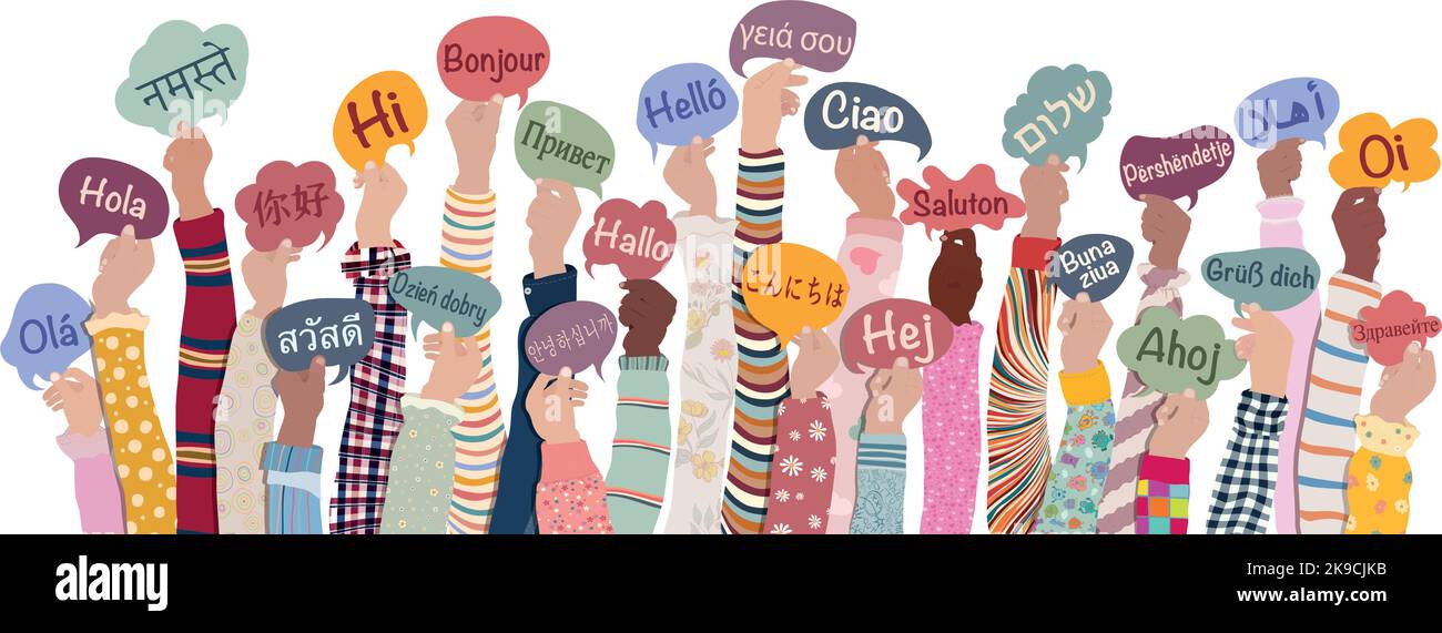 Many hands raised of diverse and multicultural children and teens holding speech bubbles with text -hallo- in various international languages.Friends Stock Vector