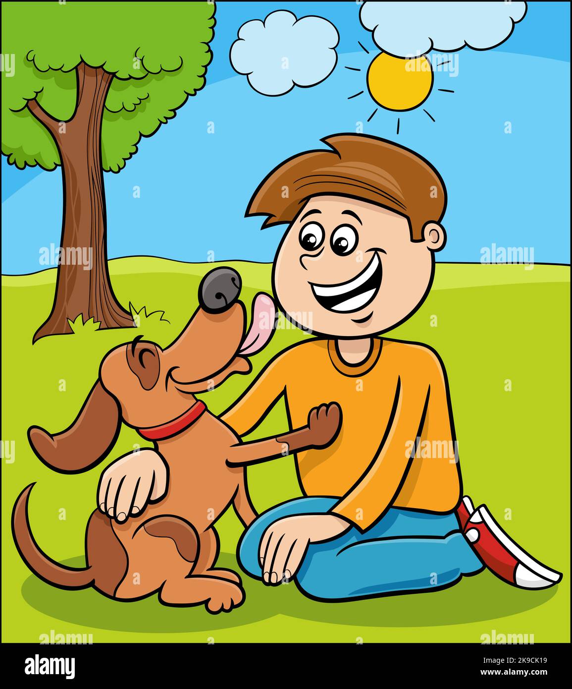 Cartoon illustration of boy character with his cute dog Stock Vector