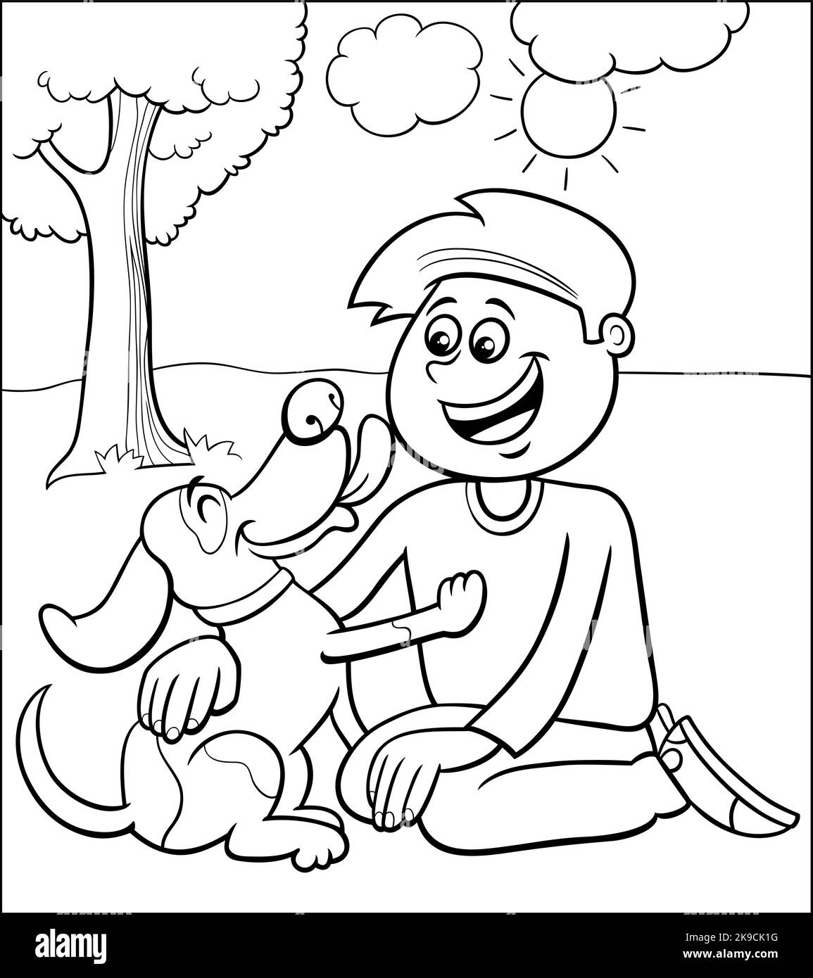 Black and white cartoon illustration of boy character with his cute dog coloring page Stock Vector