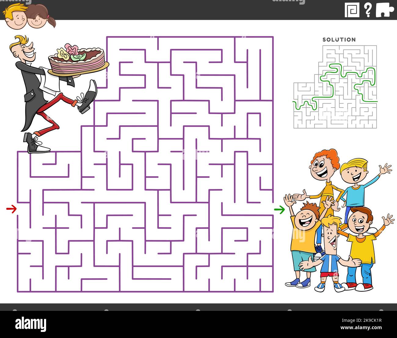 Cartoon illustration of educational maze puzzle game with waiter with