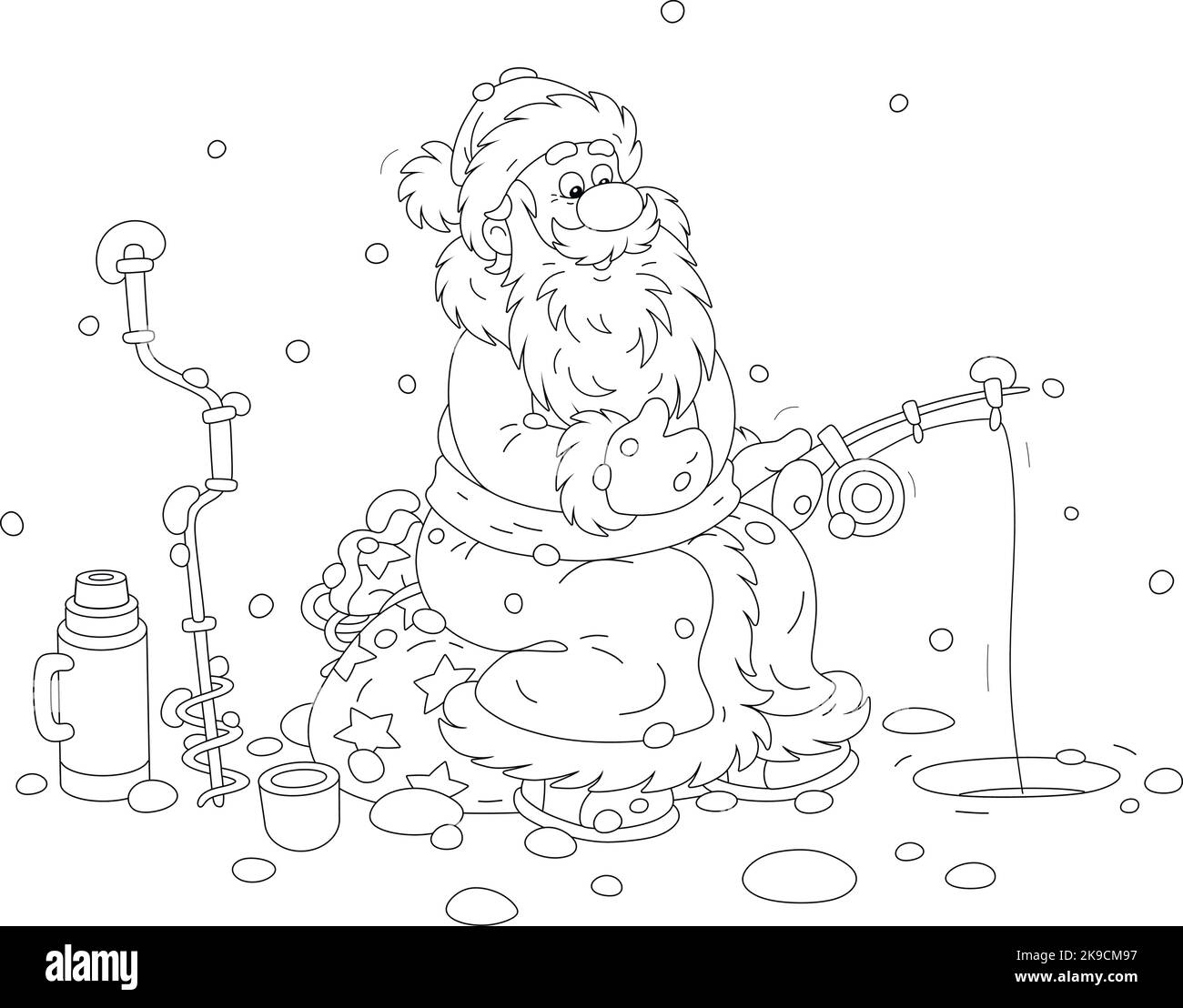 Santa Claus sitting on his gift bag and fishing with a small rod near a drilled ice hole on a frozen winter lake Stock Vector