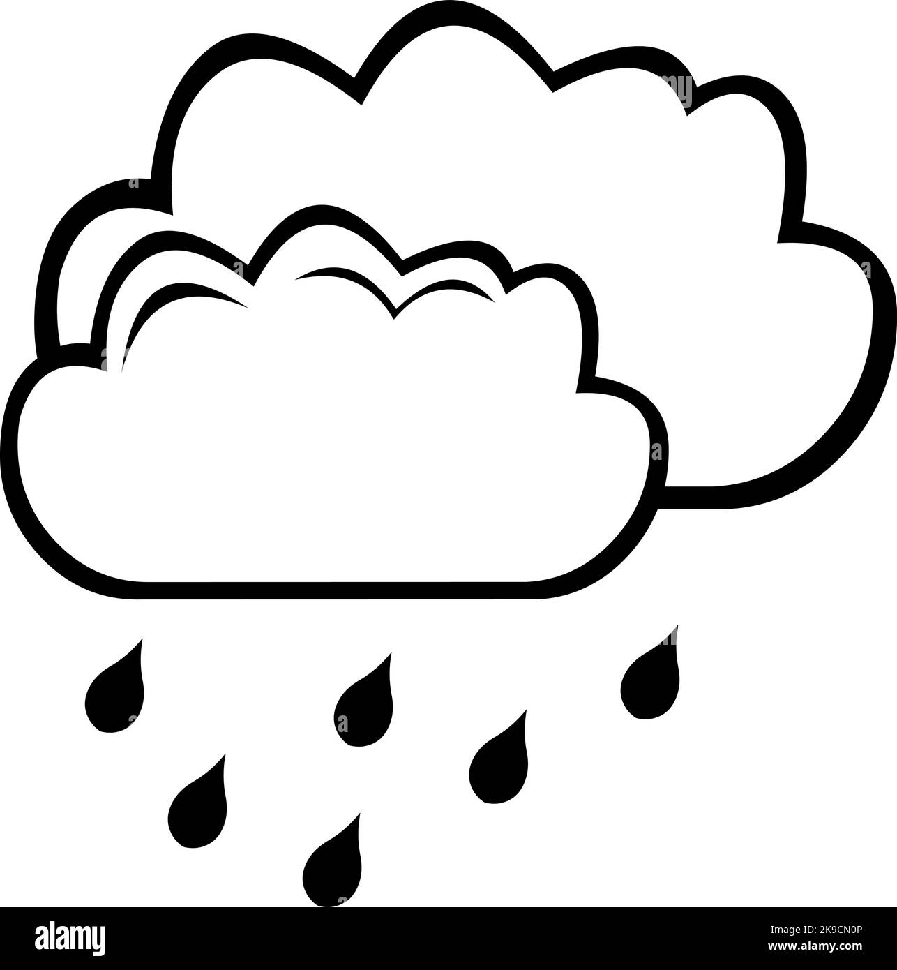 Vector illustration of clouds icon with raindrops drawn in black and white Stock Vector