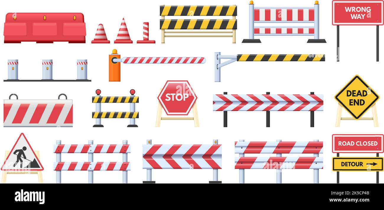 Closed road blocks. Striped red obstacles, wrong way stop and dead end signs. Road works barriers and protection fence vector set Stock Vector