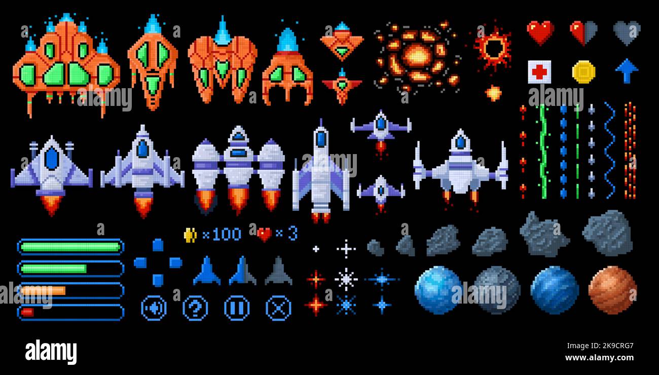 Pixel art space game elements. 8bit starships, asteroids and planets. Galaxy wars arcade assets vector set Stock Vector