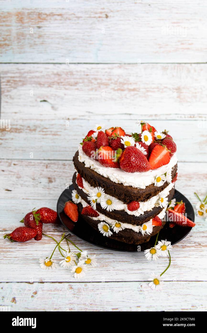 Chocolate strawberry heart shaped cake with chamomile flowers decoration Stock Photo