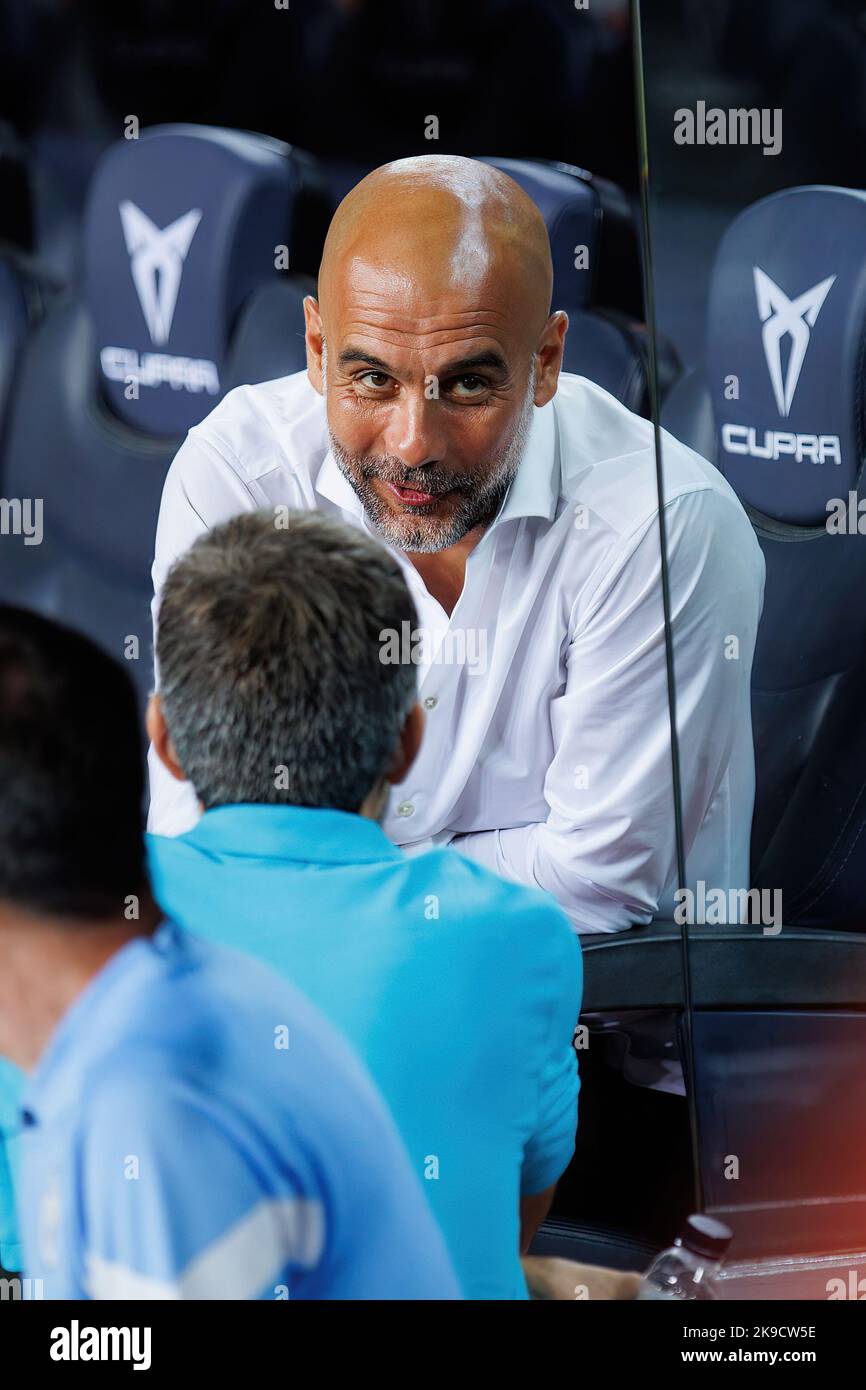 BARCELONA - AUG 24: Josep Pep Guardiola in action during the friendly match between FC Barcelona and Manchester City at the Spotify Camp Nou Stadium o Stock Photo