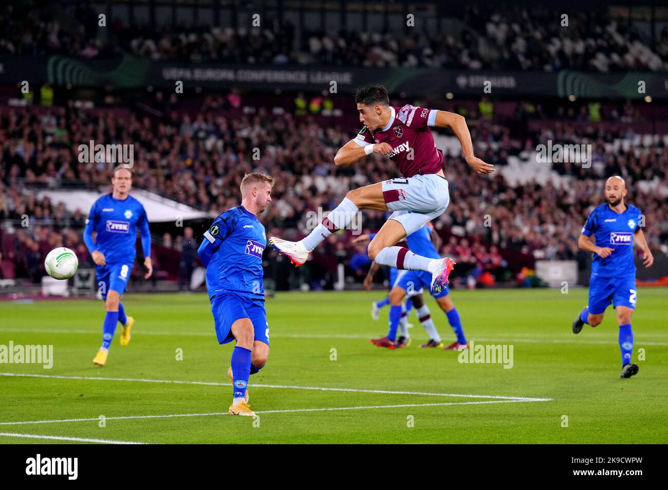 West Ham United's Nayef Aguerd Attempts A Shot On Goal During The UEFA ...