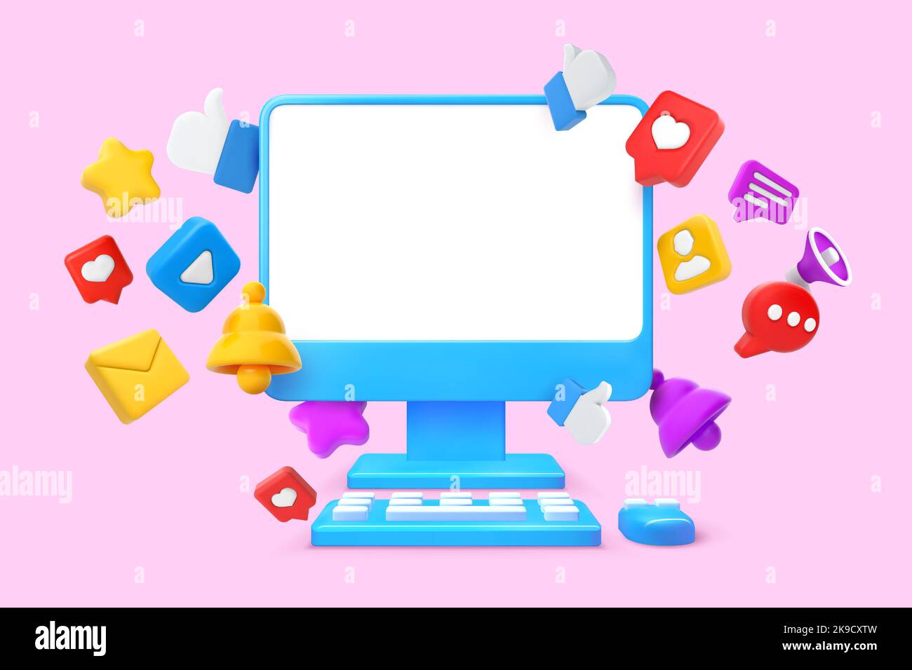 Social media computer screen mockup. Monitor, pc keyboard and mouse