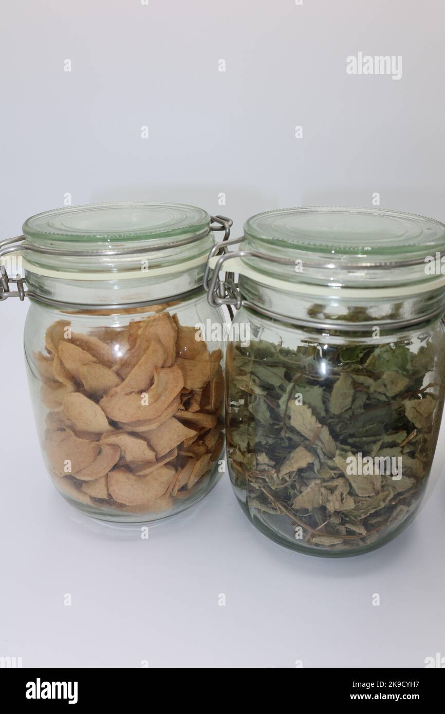 Glass jar filled with dry lemon balm (Melissa officinalis) leaves on a white background and another jar filled with dried, dehydrated apple slices Stock Photo