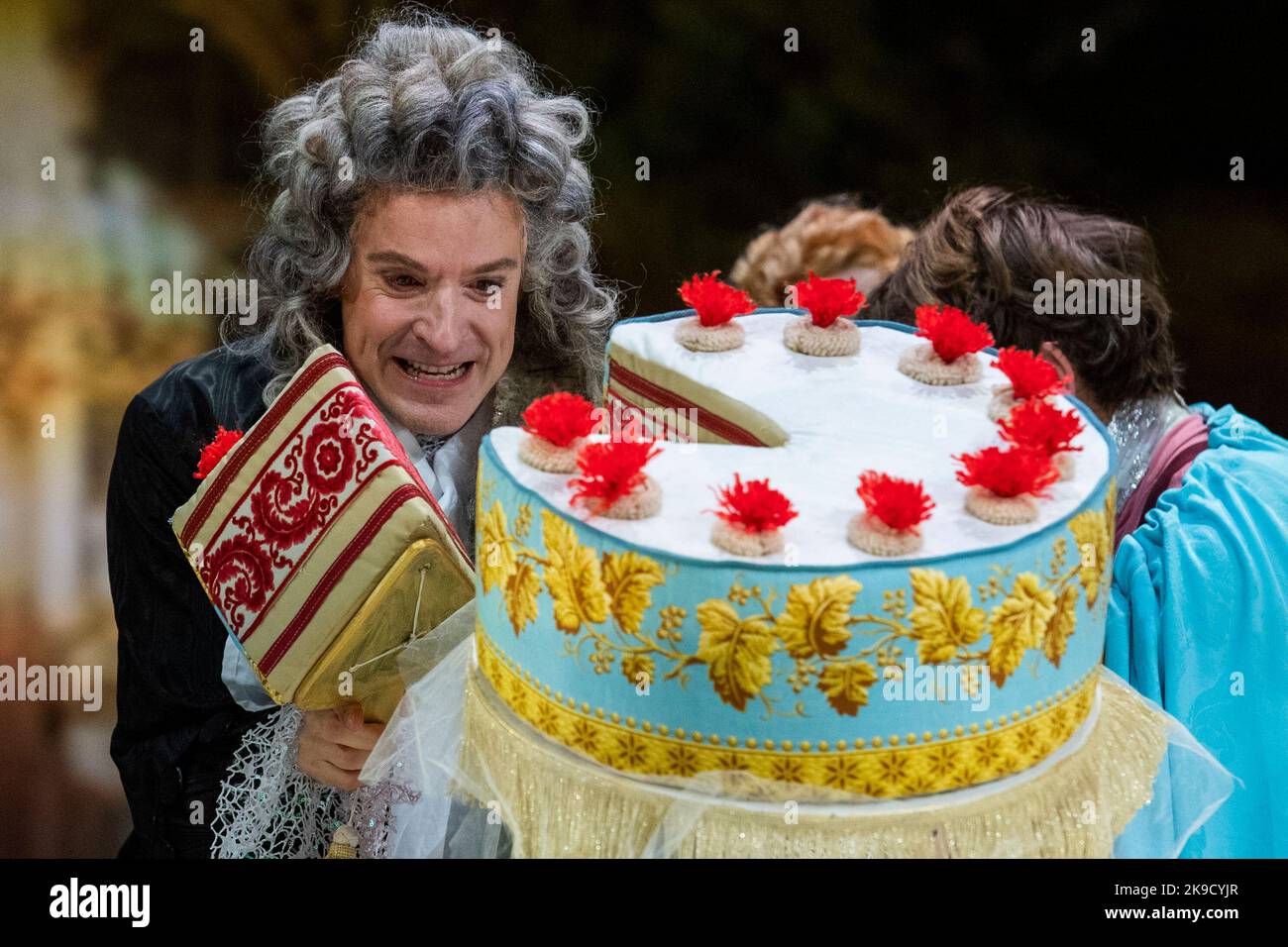 Berlin, Germany. 27th Oct, 2022. Max von Pufendorf (Robespierre) performs at a photo rehearsal of the play 'Marie-Antoinette oder: 'Kuchen für alle!'' at the Komödie am Kurfürstendamm in the Schiller Theater. The premiere will take place on October 30. Credit: Christophe Gateau/dpa/Alamy Live News Stock Photo