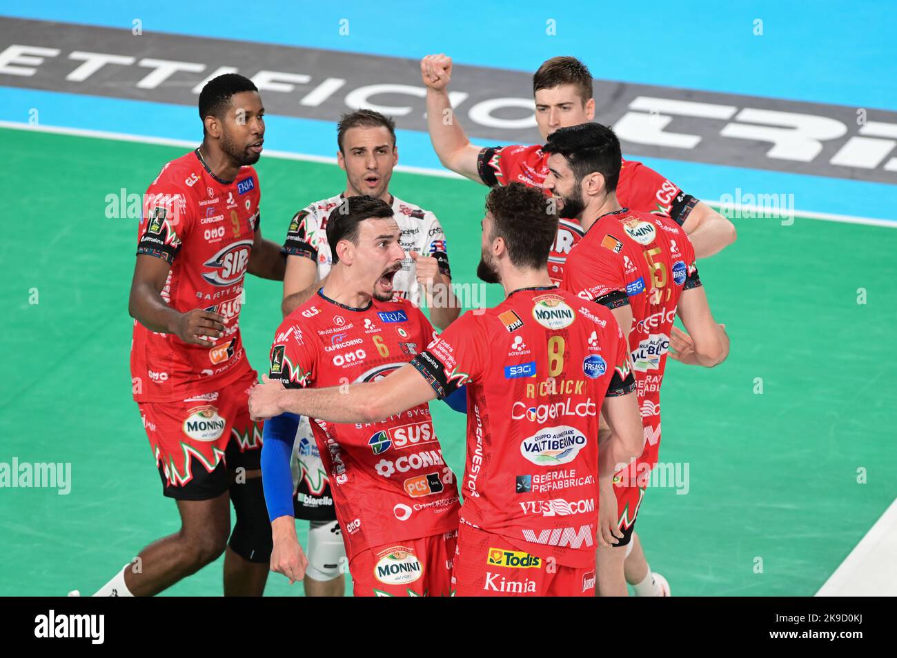 The players of Sir Safety Susa Perugia rejoice after scoring a point during  the Volleyball Italian Serie A Men Superleague Championship Cucine Lube  Civitanova vs Sir Safety Susa Perugia on October 27,