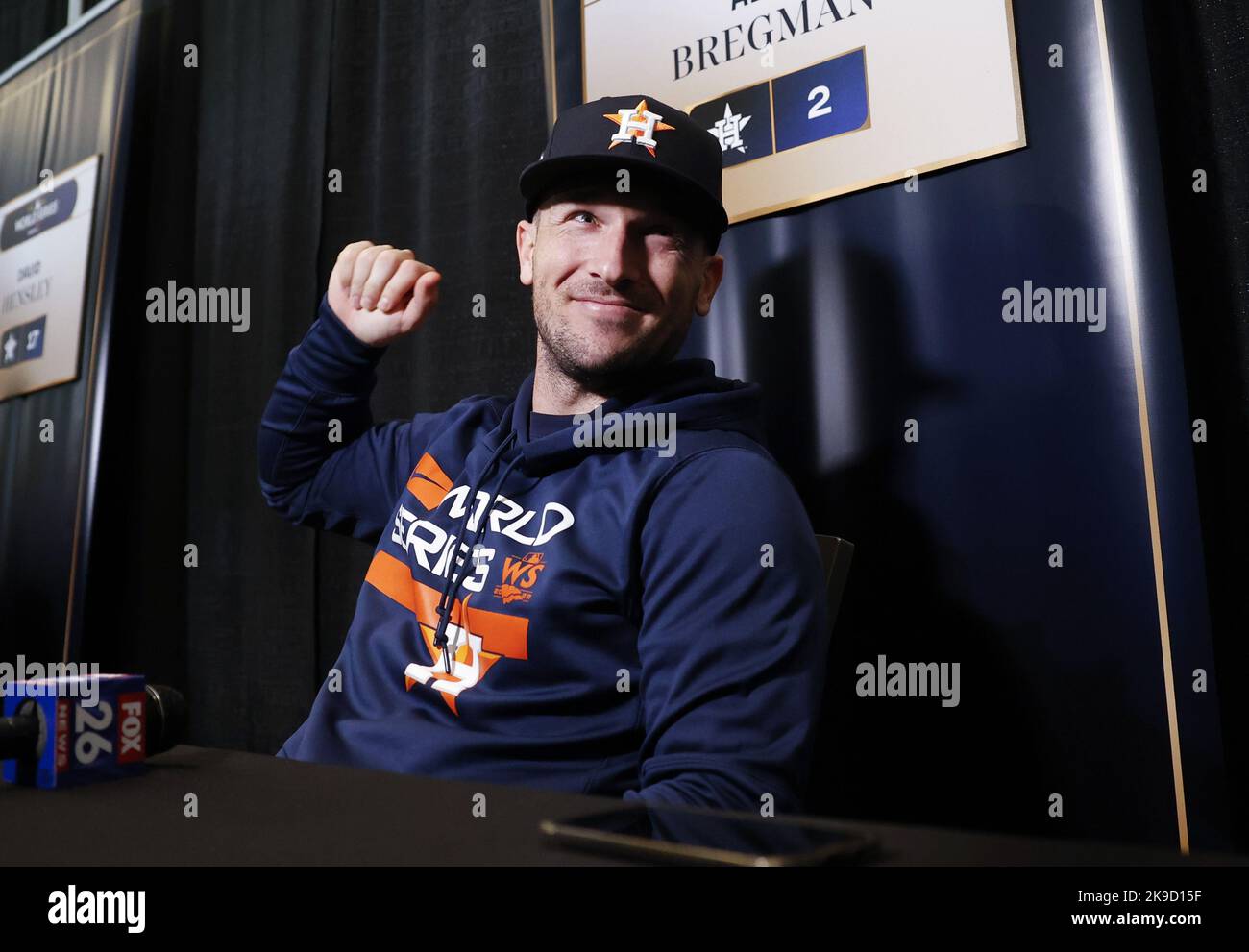 Houston, USA. 27th Oct, 2022. Houston Astros Alex Bregman speaks to the  media during 2022 World Series Media Day before the start of the 2022 World  Series at Minute Maid Park in