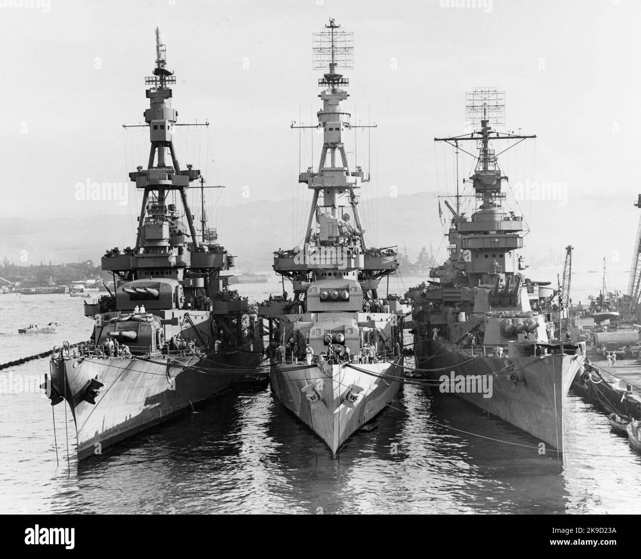 Sister ships Salt Lake City and Pensacola, with New Orleans (L to R), at Pearl Harbor in 1943 Stock Photo
