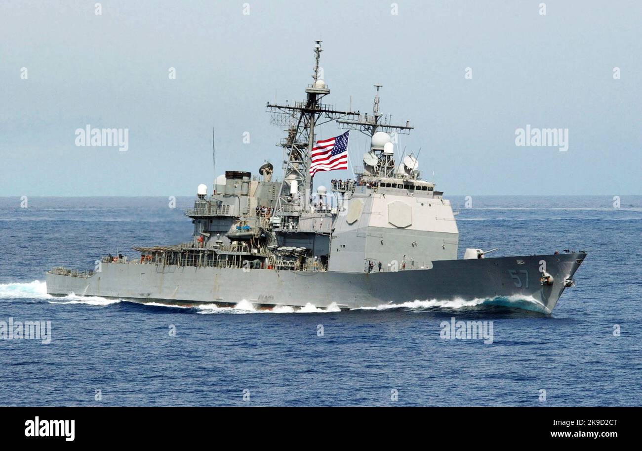 The US Navy (USN) Ticonderoga Class Guided Missile Cruiser (Aegis) USS Lake Champlain (CG-57) a Ticonderoga-class guided missile cruiser  (CG 57) U.S. Navy Stock Photo