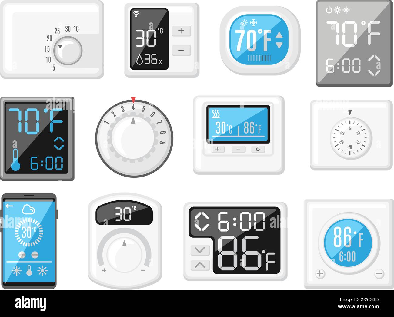 Cartoon thermostat. Smart home heating and cooling controller, thermometer with rotary knob and
