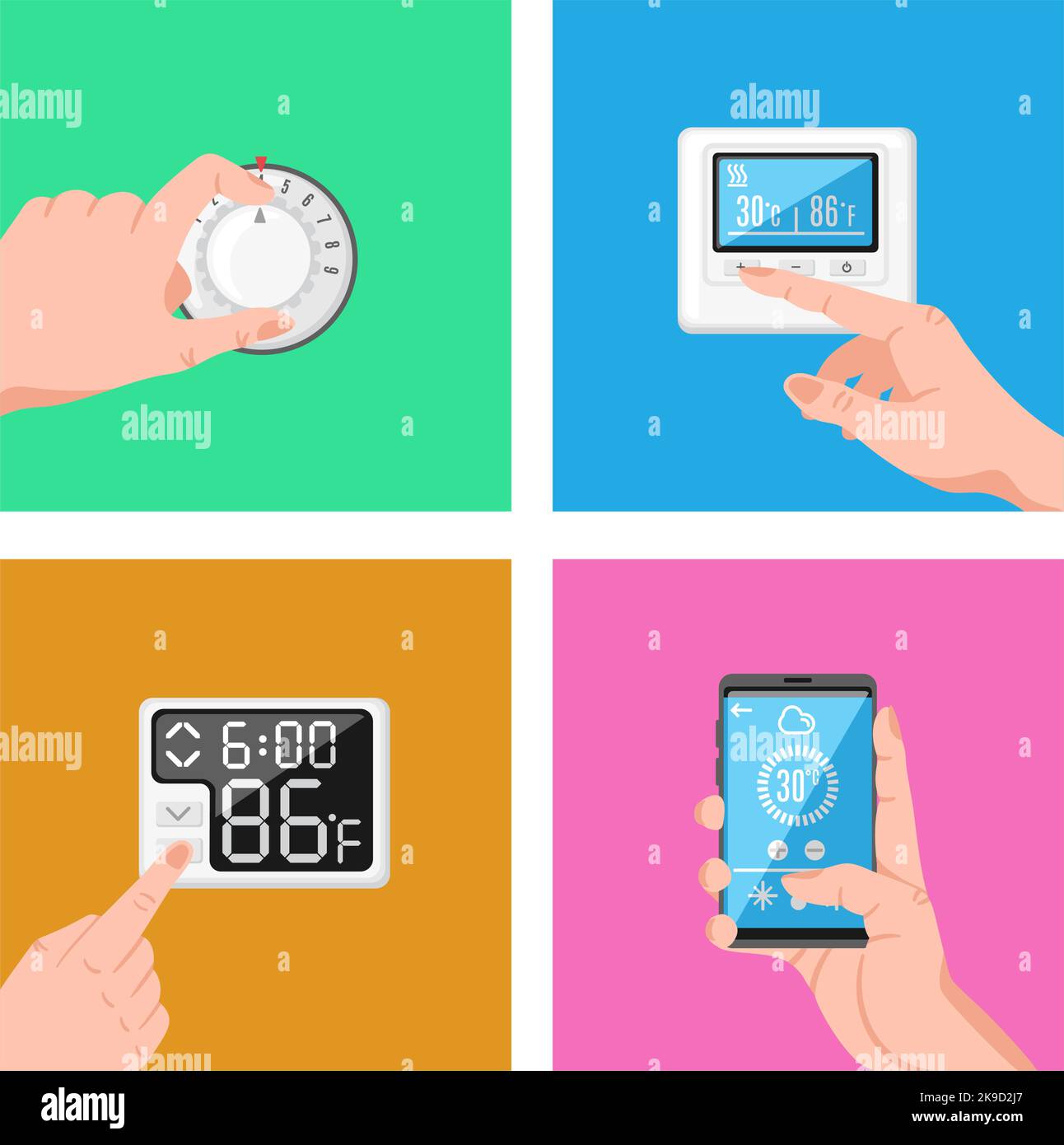 Person hand set temperature level. Switching thermostat, house climate