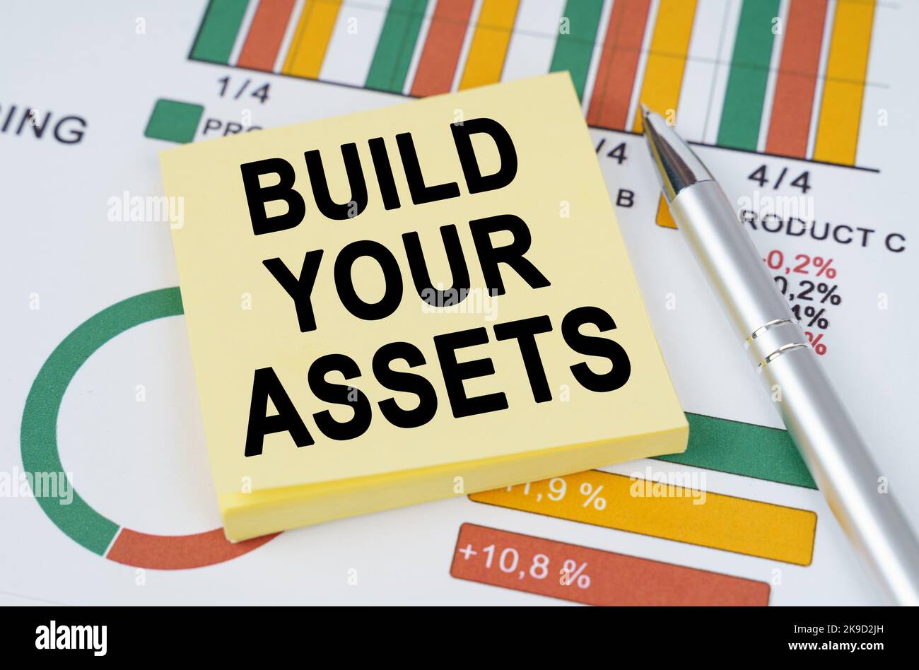 Business concept. On the business charts are a pen and stickers with the inscription - Build Your Assets Stock Photo