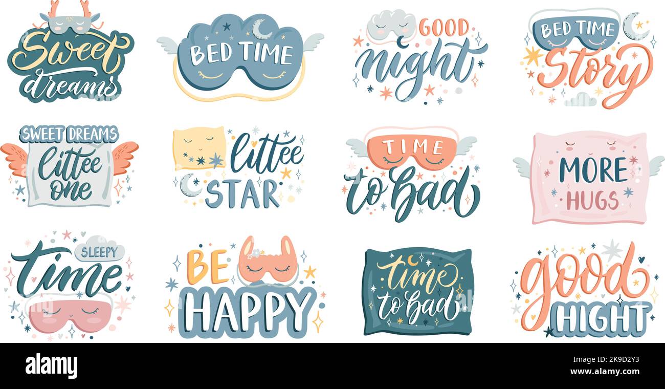 Bedtime slogan. Sleep mask with good night lettering, sleeping pillow and time to bed calligraphic inscription vector set Stock Vector