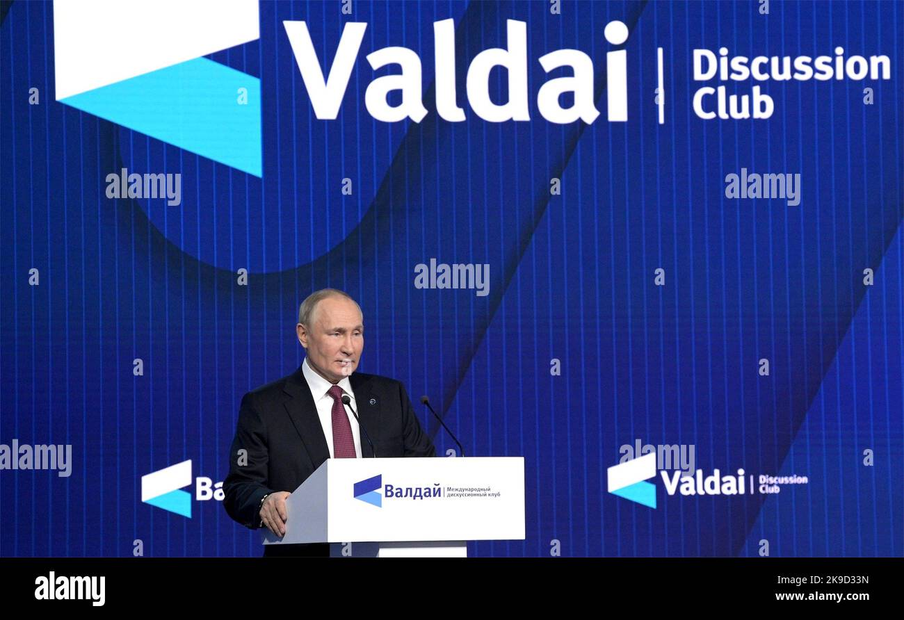 Moscow, Russia. 27th Oct, 2022. Russian President Vladimir Putin, delivers an address during a session called, 'The World after Hegemony: Justice and Security for Everyone' at the Valdai International Discussion Club, October 27, 2022 in Moscow, Russia. Credit: President Office/Kremlin Pool/Alamy Live News Stock Photo