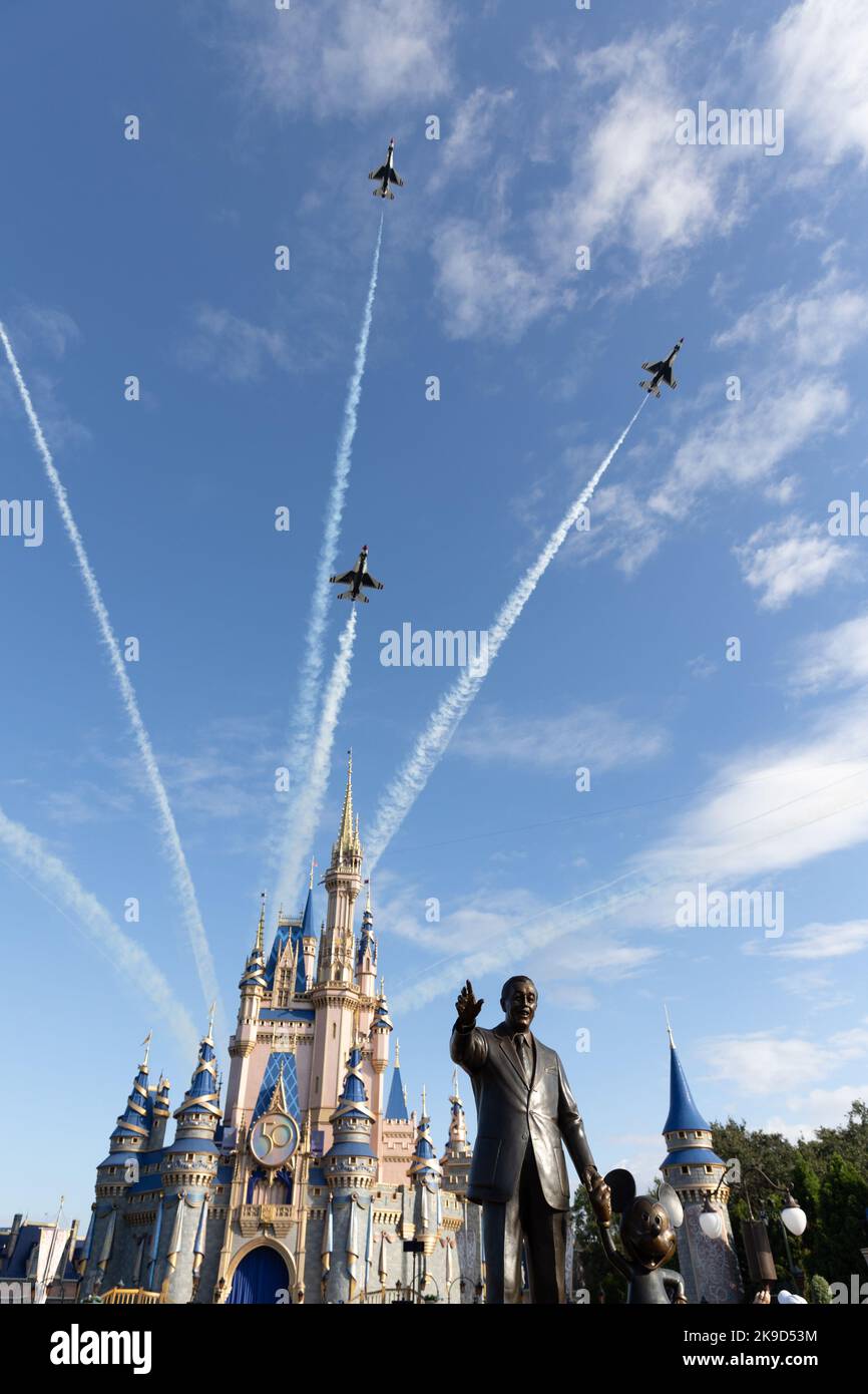 Oct 27, 2022 US Air Force Thunderbirds over Magic Kingdom, Walt Disney World, Orlando, Florida Stock Photo
