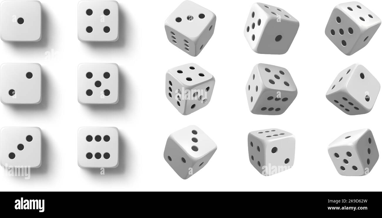 Rolling dice. White roll cubes for gamble games, top view dice sides and falling 3D angles lucky
