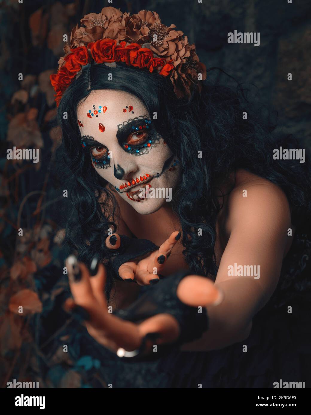 Day of the Dead. Dia de los muertos. Woman with sugar skull makeup. Santa Muerte. Calavera Catrina. Halloween Stock Photo