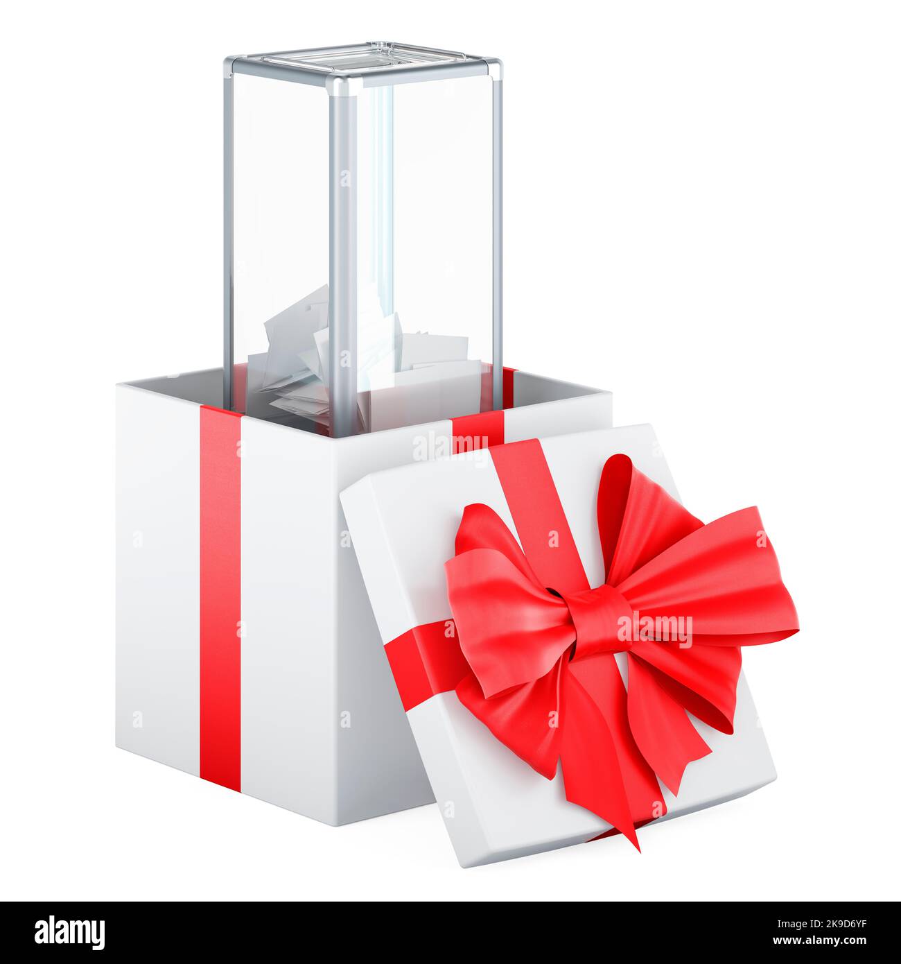 Ballot box inside gift box, gift concept. 3D rendering isolated on ...