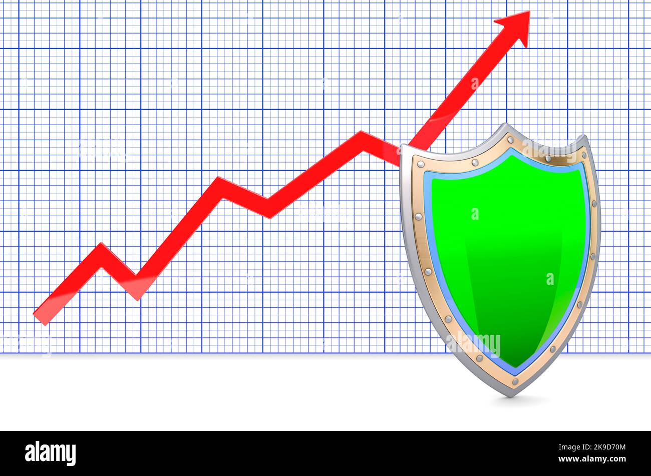Shield with growing chart. 3D rendering isolated on white background ...
