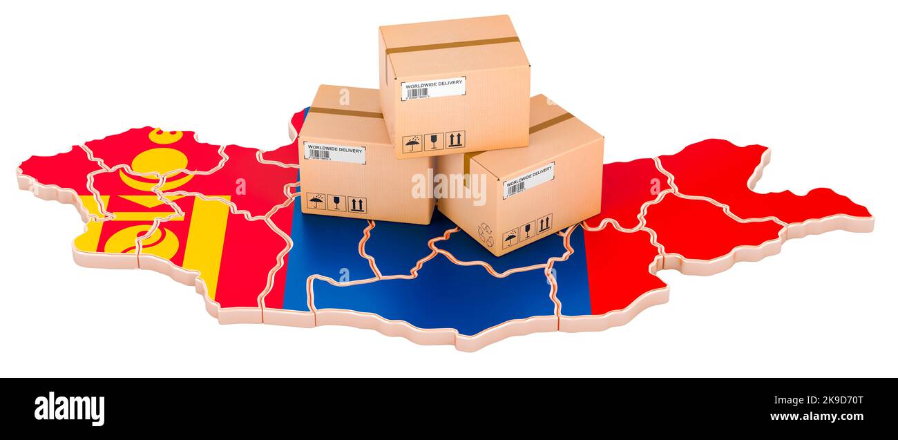 Parcels on the Mongolian map. Shipping in Mongolia, concept. 3D