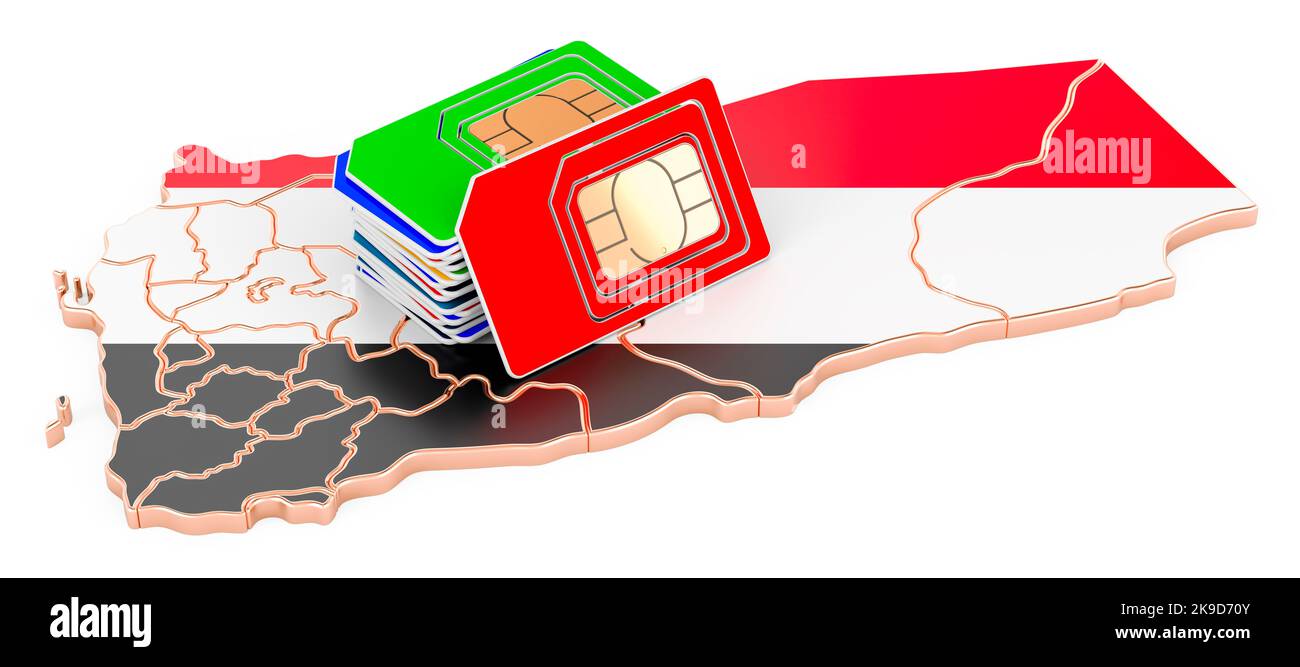 Sim cards on the Yemeni map Mobile - Sim Cards On The Yemeni Map Mobile Communications Roaming In Yemen Concept 3d Rendering Isolated On White Background 2K9D70Y 