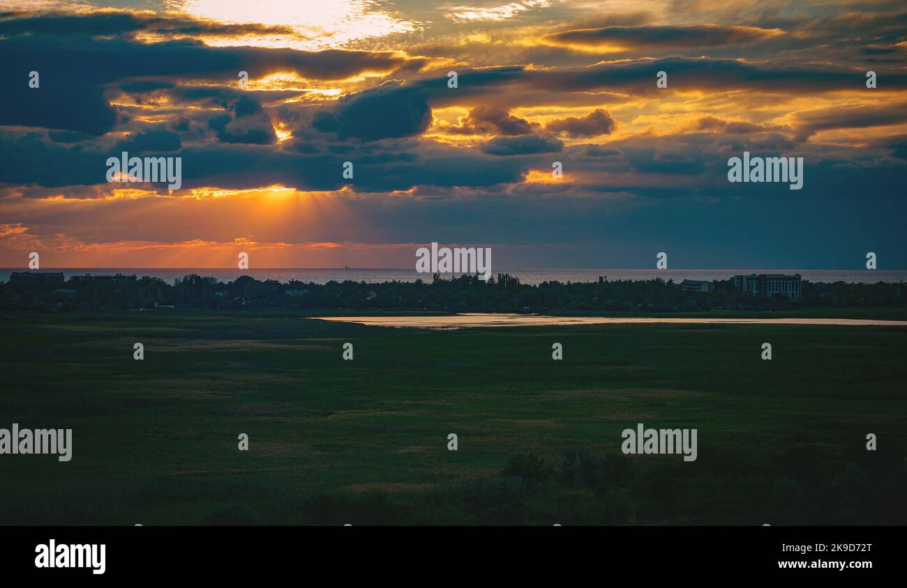 townscape at blue hour, dramatic cloudy sunset Stock Photo