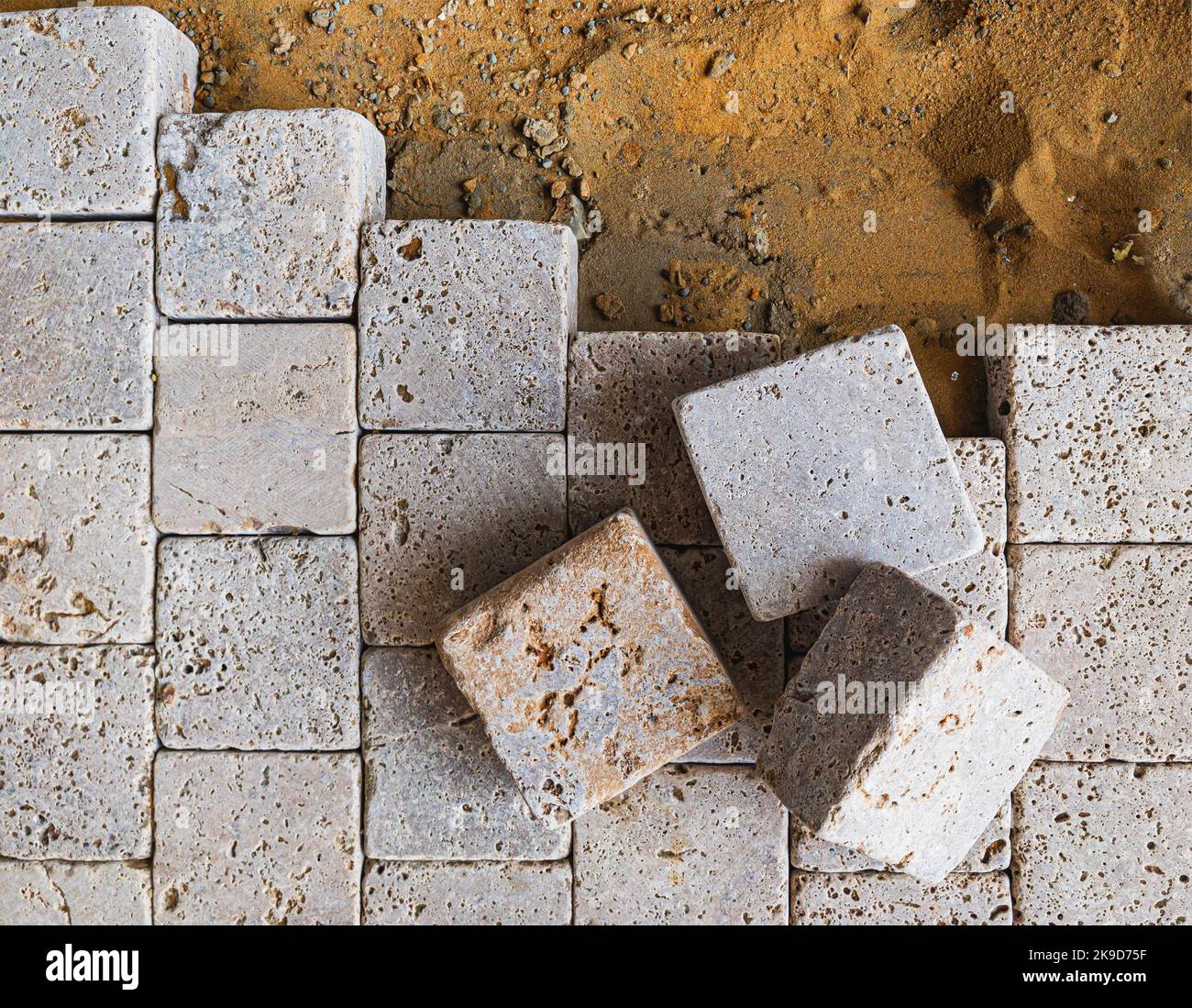 pavement pavestone paving bricks stone bricks placing, sidewalk works Stock Photo