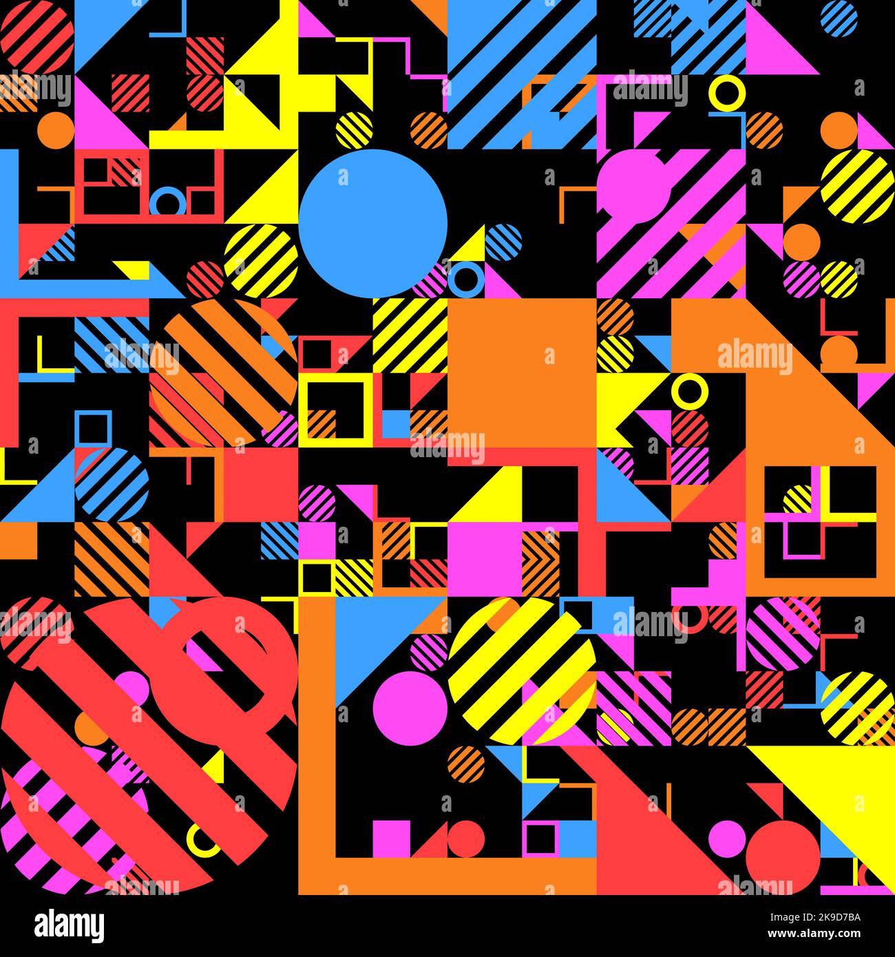Bright colored shapes seamless pattern.Attractive modern pattern. Squares, lines, grids, triangles, L shapes and circles of different strong colors, t Stock Photo