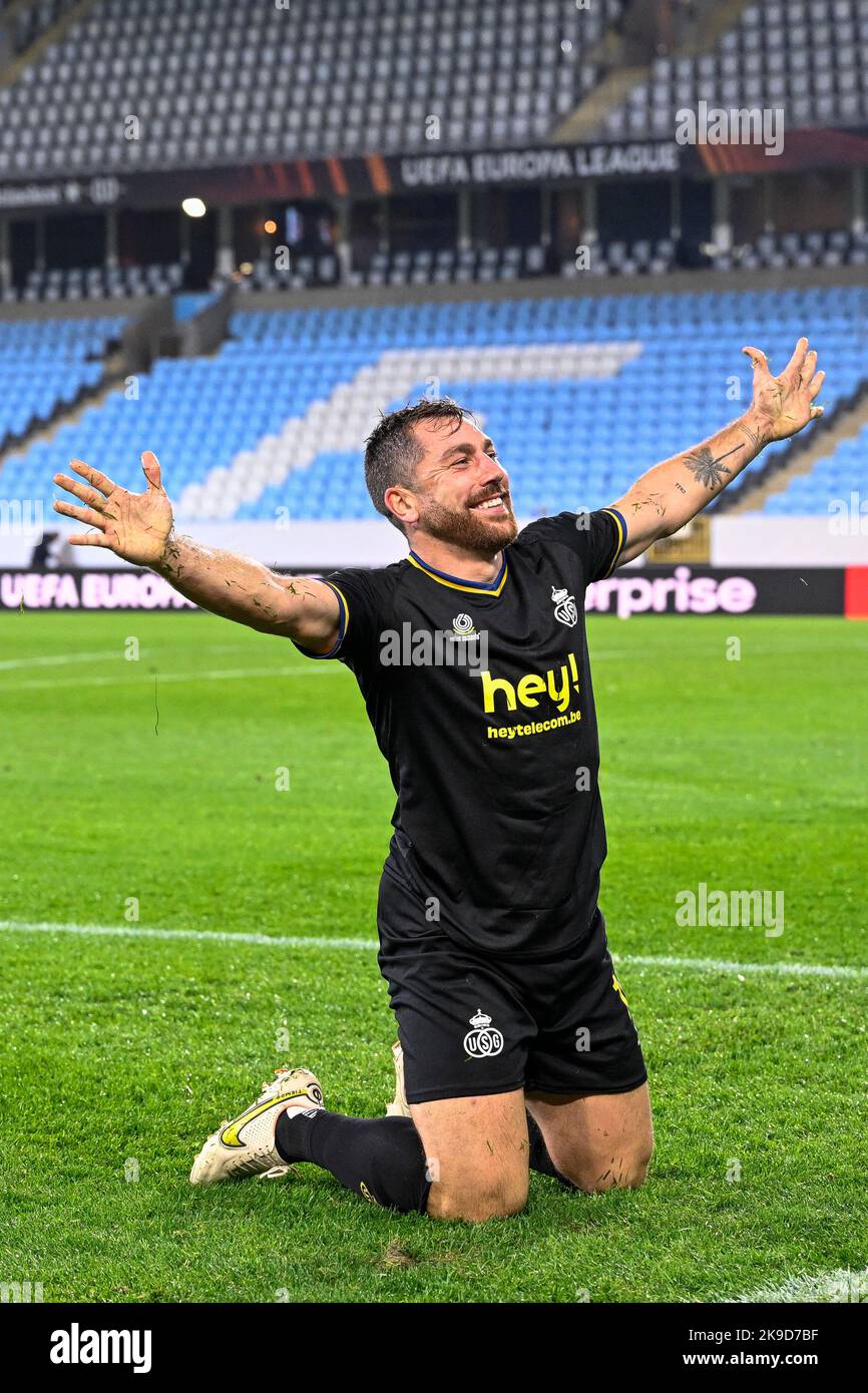 Union's Guillaume Francois celebrates after winning a soccer game between Swedish Malmo Fotbollforening and Belgian Royale Union Saint-Gilloise, Thursday 27 October 2022 in Malmo, on day 5 of the UEFA Europa League group stage. BELGA PHOTO LAURIE DIEFFEMBACQ Credit: Belga News Agency/Alamy Live News Stock Photo