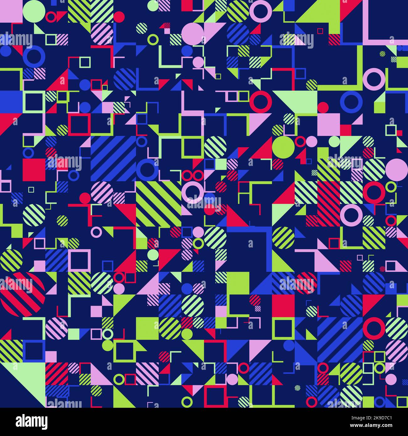 Bright colored small shapes seamless pattern.Attractive modern pattern. Squares, lines, grids, triangles, L shapes and circles of different strong col Stock Photo