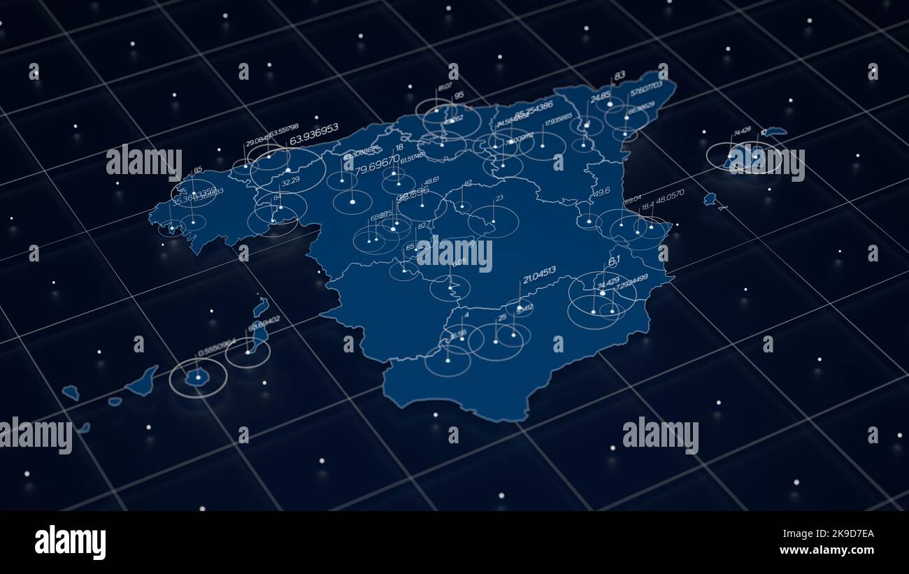 Spain blue map big data visualization. Futuristic map infographic 