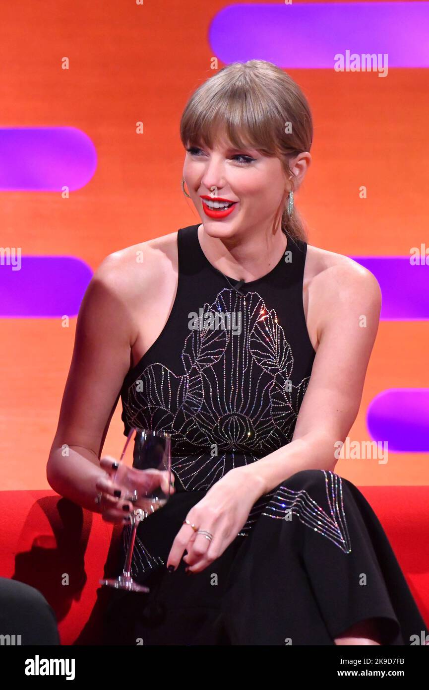 EDITORIAL USE ONLY Taylor Swift during filming for the Graham Norton Show at BBC Studioworks 6 Television Centre, Wood Lane, London, to be aired on BBC One on Friday evening. Stock Photo