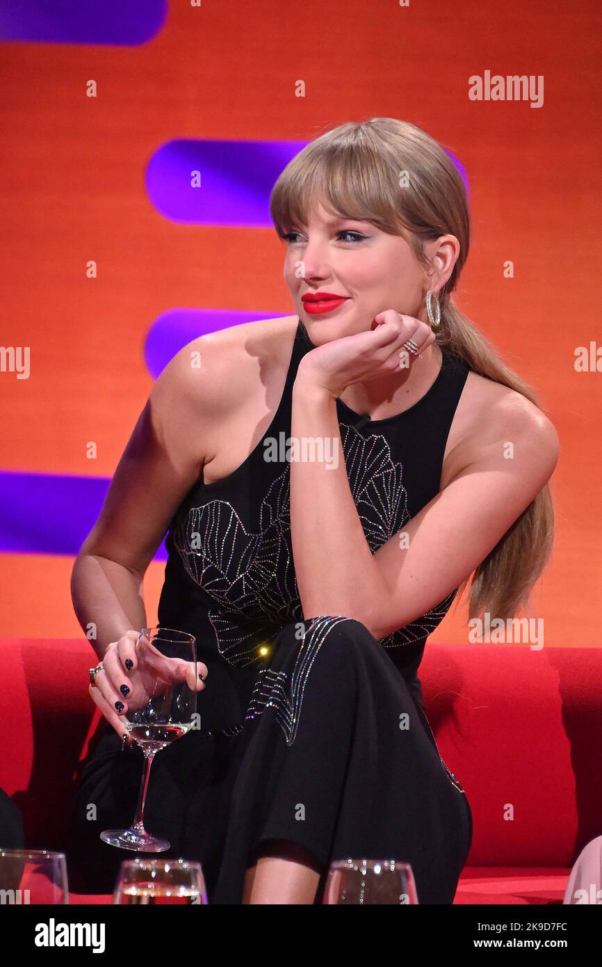 EDITORIAL USE ONLY Taylor Swift during filming for the Graham Norton Show at BBC Studioworks 6 Television Centre, Wood Lane, London, to be aired on BBC One on Friday evening. Stock Photo