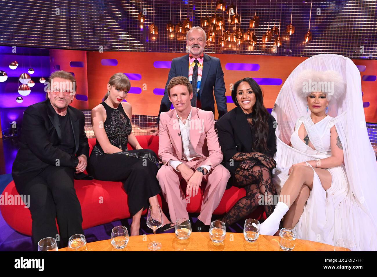 EDITORIAL USE ONLY (left-right) Bono, Taylor Swift, Eddie Redmayne, Graham Norton, Alex Scott and Lady Blackbird during filming for the Graham Norton Show at BBC Studioworks 6 Television Centre, Wood Lane, London, to be aired on BBC One on Friday evening. Stock Photo