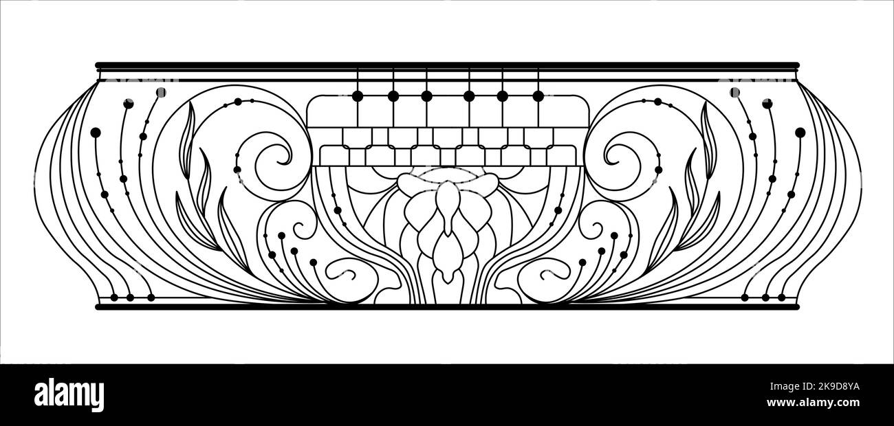 wrought iron balcony. Black metal railing with forged ornaments on a white background. entrance to the terrace decorated with steel vector. Antique Stock Vector