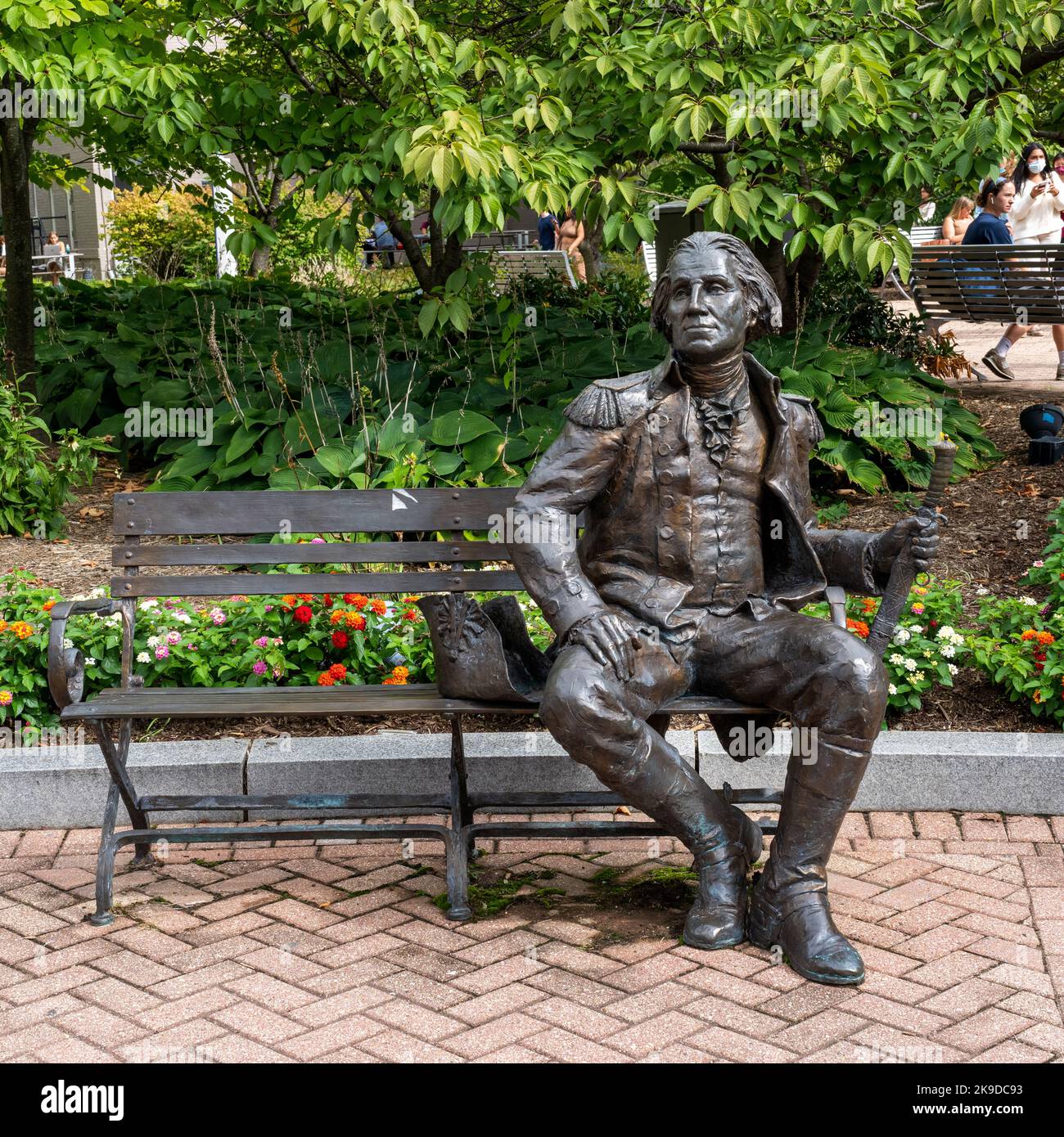 Washington, DC - Sept. 8, 2022: Sculpture titled George Washington Bench, by Gary Lee Price, sits in Kogan Plaza on the George Washington University F Stock Photo