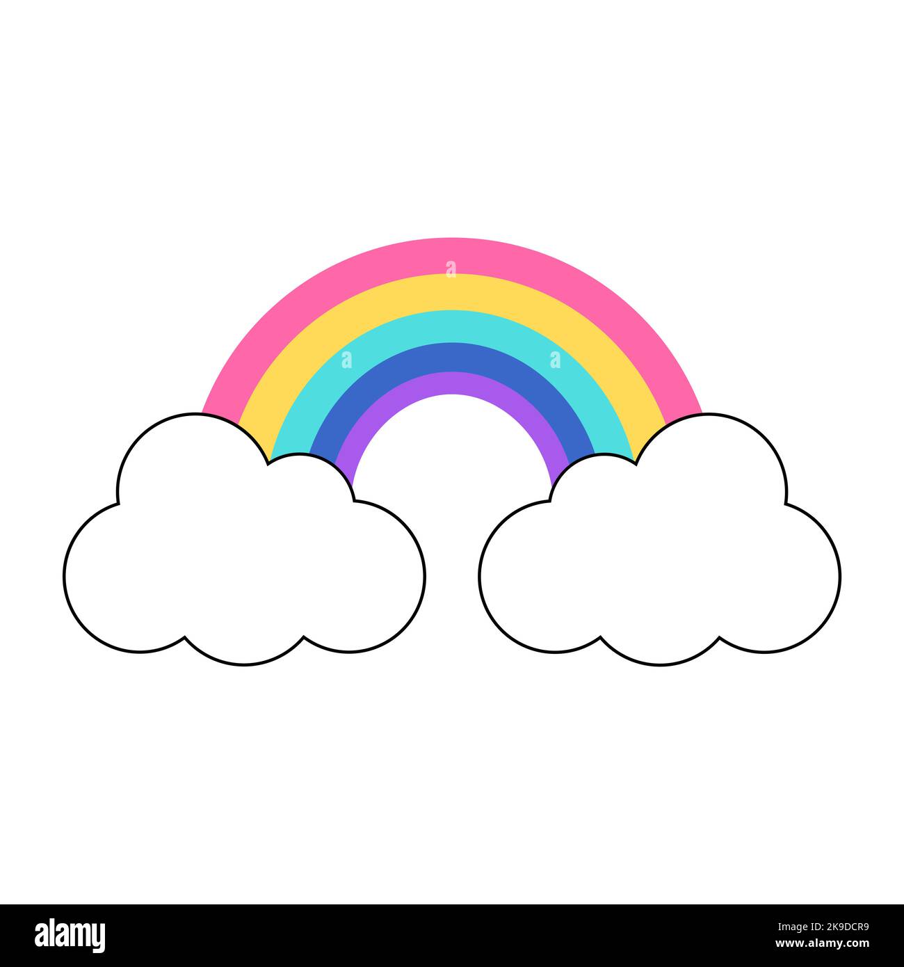 Y2k groovy element. Colorful rainbow with clouds isolated on white background. 2000 vibes collection. 2000s cartoon hand drawn vector illustration. Stock Vector