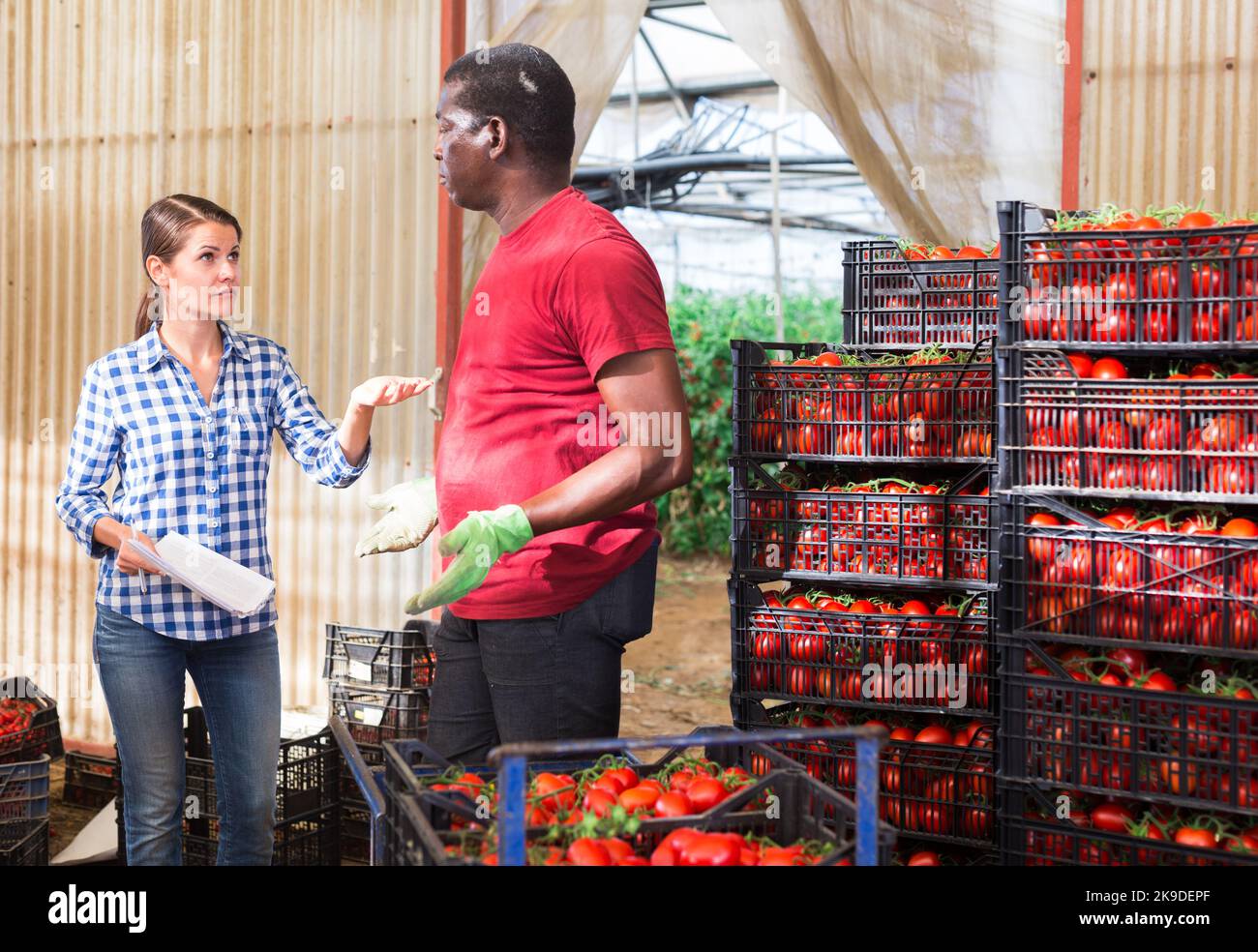 Two garden workers berating in warehouse Stock Photo