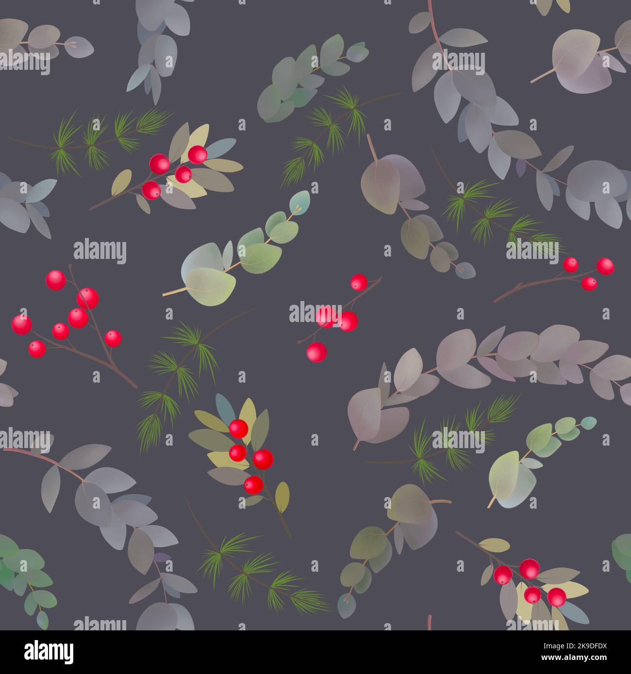 Seamless pattern with different branches of Eucalyptus, red berries.Merry Christmas illustration of greenery, foliage and natural leaves. Stock Photo