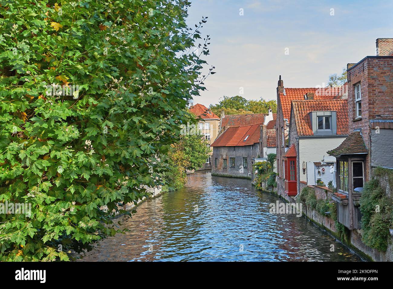 Bruges, Flanders, Belgium and houses line the canalside in the heart of the city Stock Photo